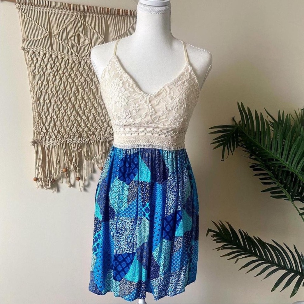 IRIS Crochet Lace & Blue Patchwork Mini Dress